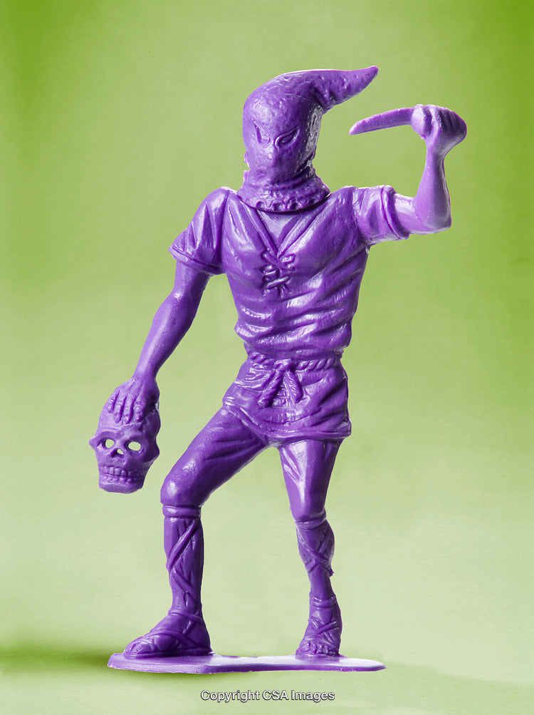 Purple Plastic Toy Figure Holding Skull and Dagger