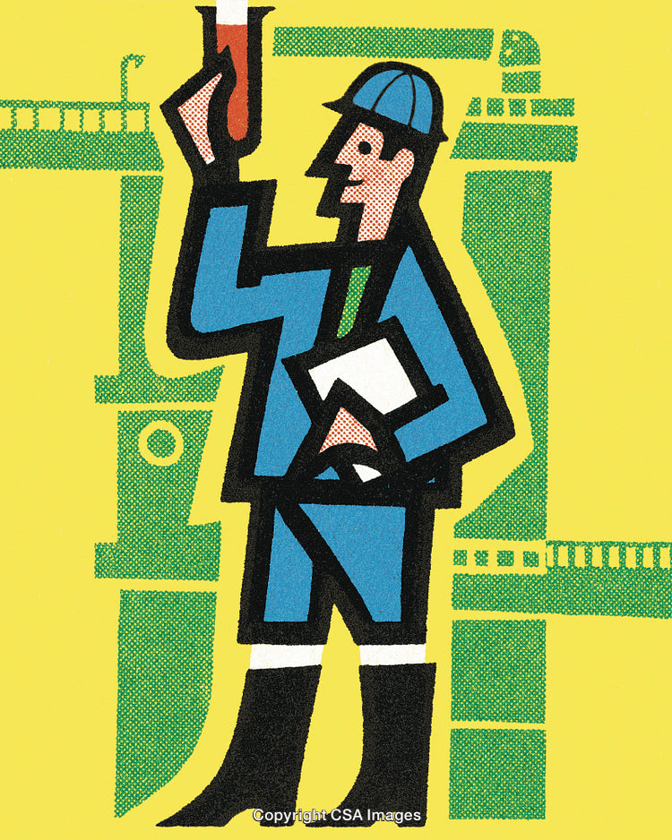Illustration of Scientist Examining Flask in Industrial Setting With Equipment