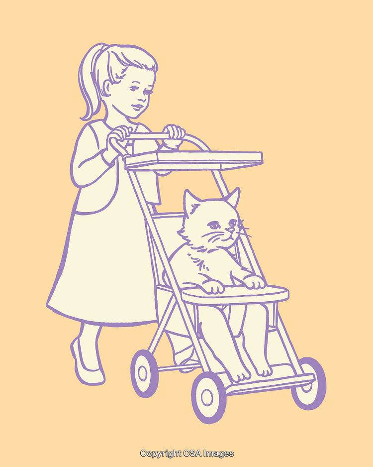 Illustration of a Girl Pushing a Stroller with a Cat Inside