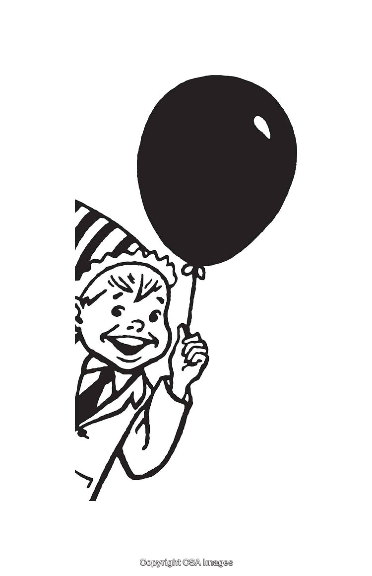 Happy Child Holding Balloon in Black and White Line Art