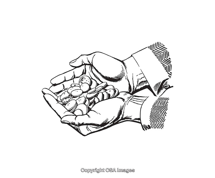 Black and White Line Art of Hands Holding Coins in Detail