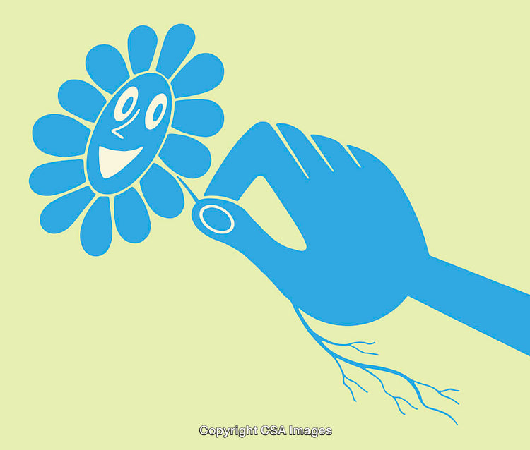 Playful Blue Flower with a Smiling Face and Hand Illustration