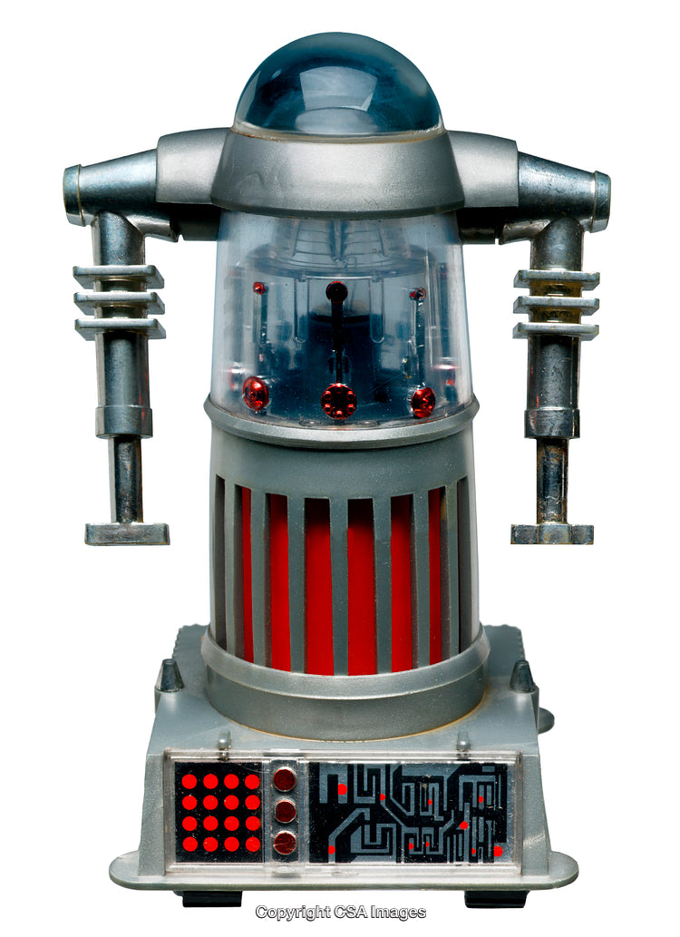 Retro Futuristic Plastic Robot Toy with Intricate Design and Metallic Finish