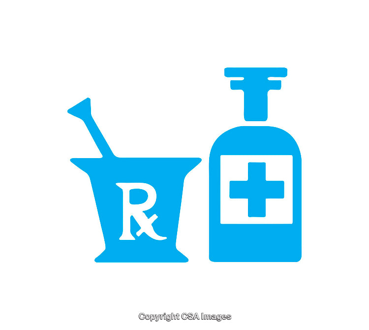 Blue Medical Icon Featuring Mortar, Pestle, and Medicine Bottle
