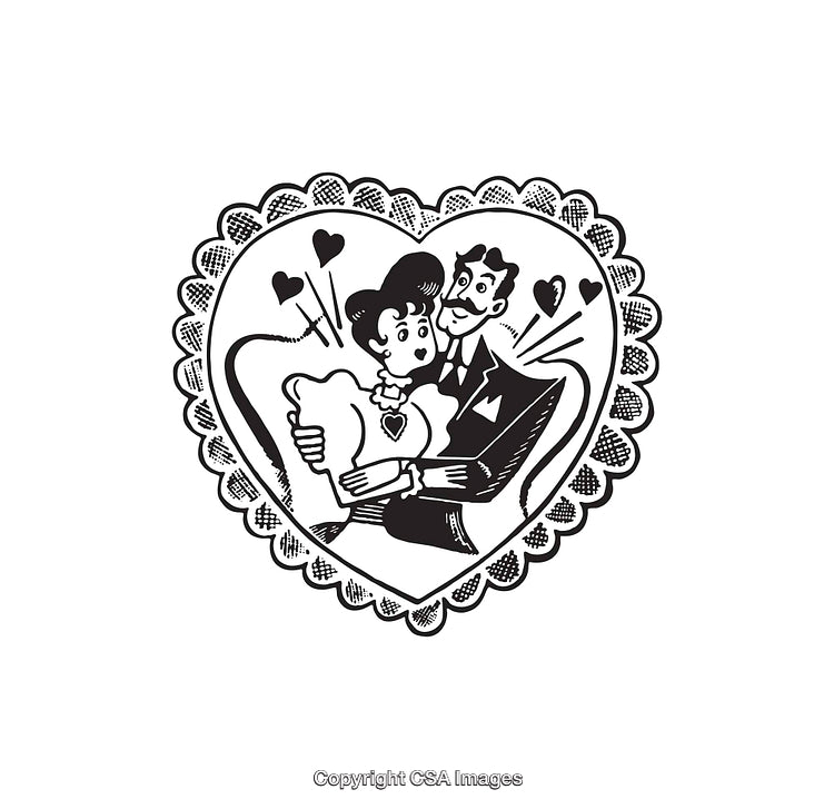 Vintage Black and White Illustration of Romantic Couple in Heart Frame