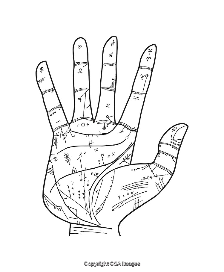 Palmistry Hand Illustration with Astrological and Zodiac Symbols Black and White