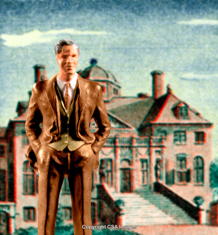 Vintage Styled Miniature Figurine Standing Before Historic Building Setting