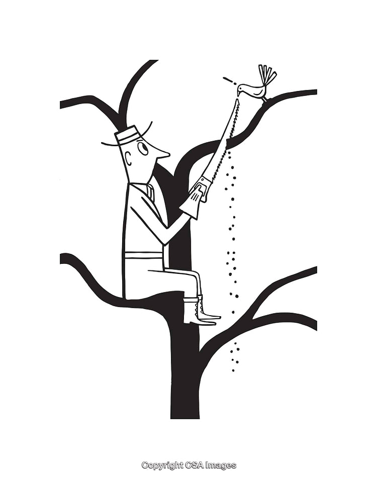 Cartoon Illustration of a Person Sawing a Tree Branch Off