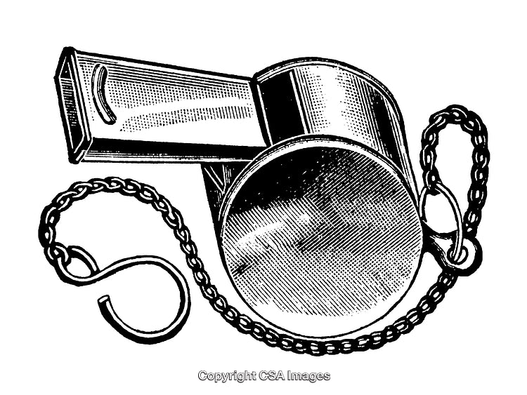 Detailed Black and White Engraving of a Whistle with Attached Chain