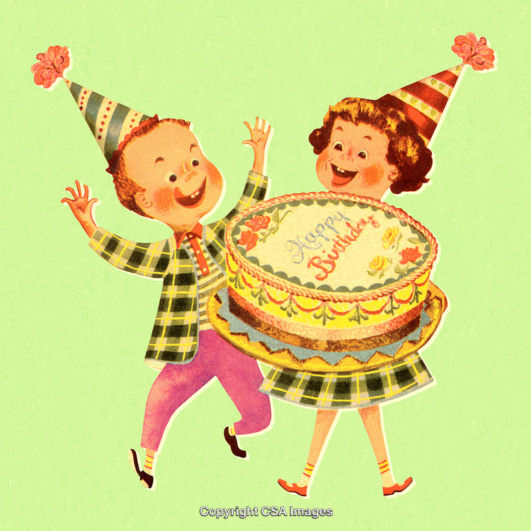 Joyful Kids Celebrating Birthday With Cake and Party Hats in Retro Style