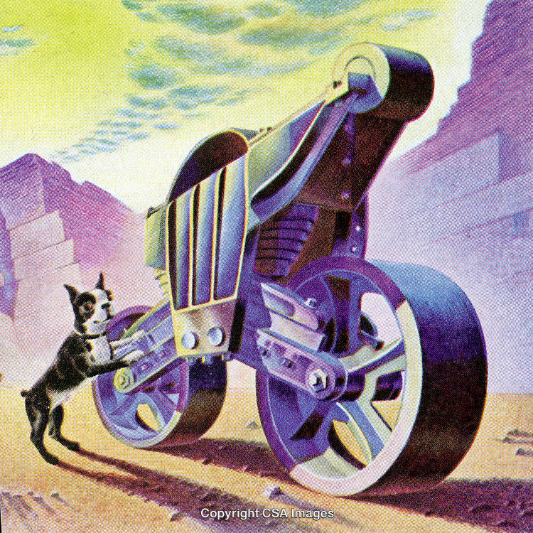 Surreal Dog With Futuristic Mechanical Device in Desert Landscape
