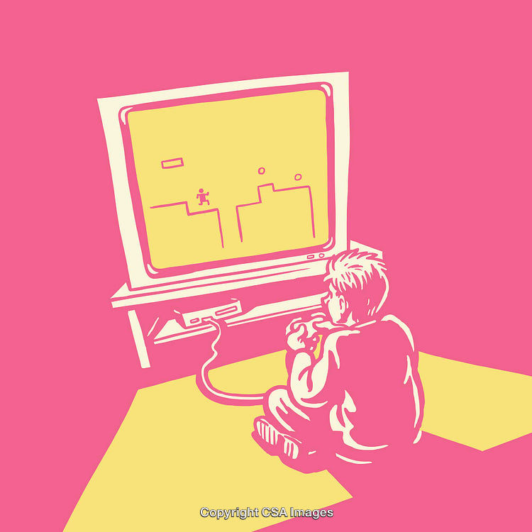 Child Playing Retro Video Game on Early Console System in Minimalist Style