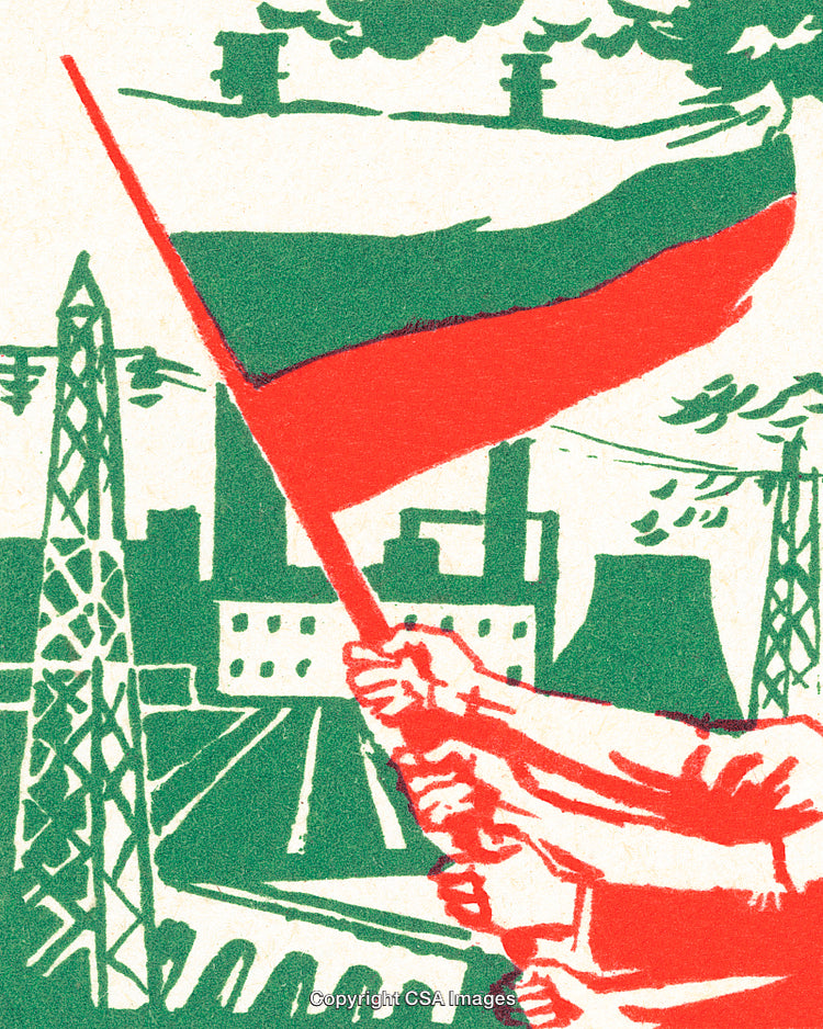 Vivid Industrial And Patriotic Art Depicting Unity And Progress