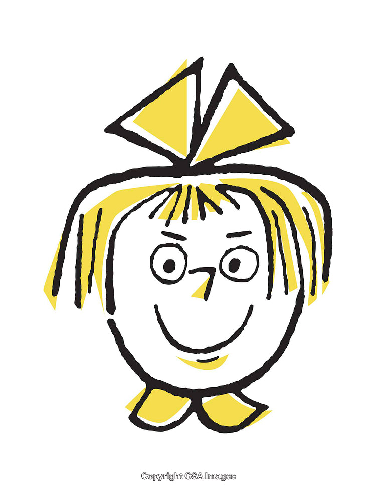 Abstract Cartoon Illustration of Smiling Girl with Yellow Bow and Accents