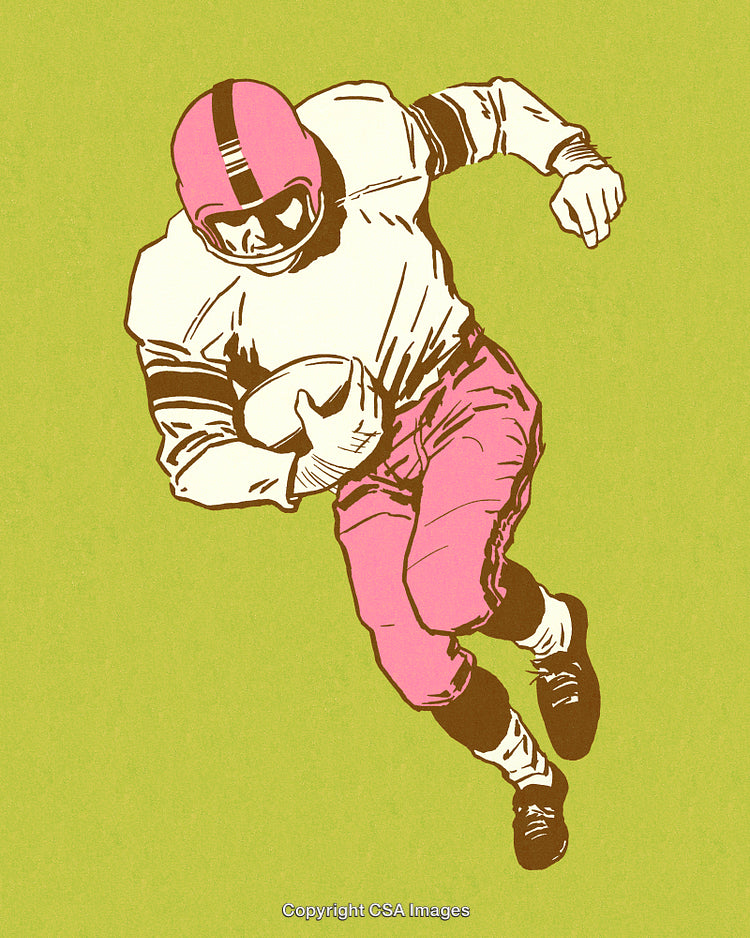 Retro Illustration of Football Player Running with Determination on Green Background