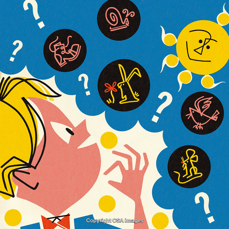 Abstract Artistic Illustration of a Thinking Character with Symbols and Questions
