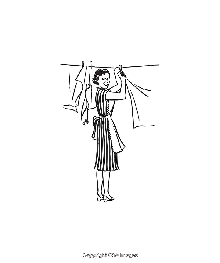 Vintage Line Art of a Woman Hanging Laundry on Clothesline