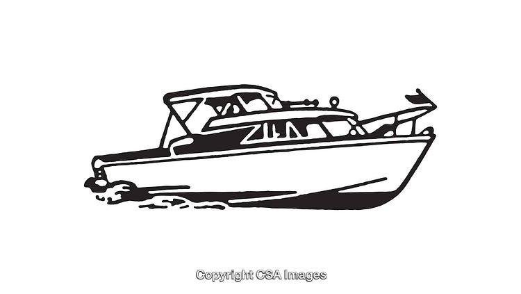 Black and White Line Art Depiction of a Motorboat on Water