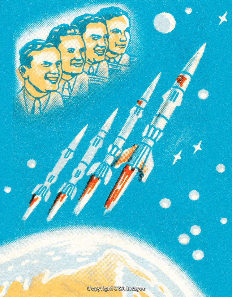 Illustration of Rockets in Space with Astronaut Figures and Planets