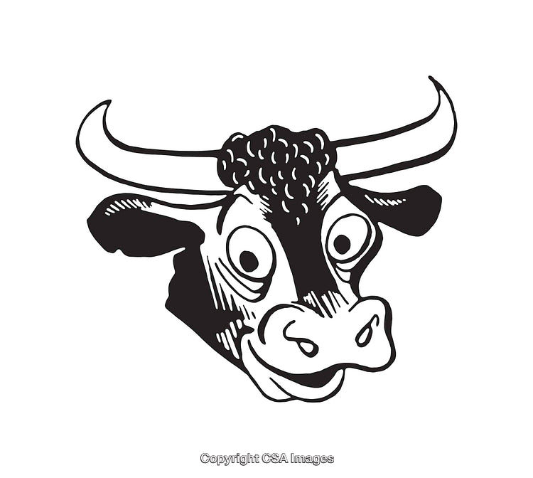 Black and White Cartoon Style Illustration of a Joyful Bull Head