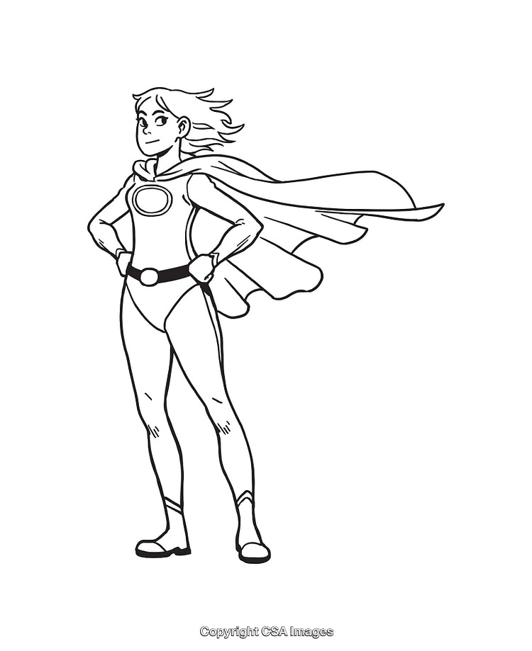 Black and White Superhero Line Art Illustration with Cape and Confident Pose