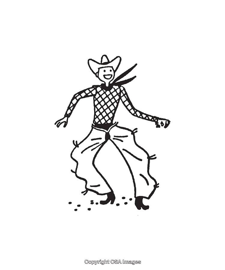 Playful Cowboy Character in Black and White Drawing on White Background