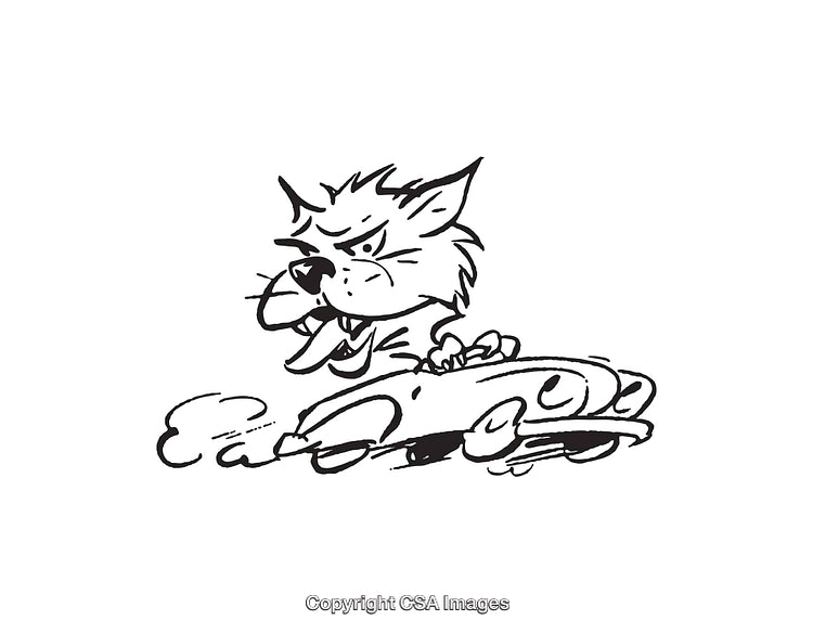 Black and White Line Art of Angry Wolf Driving a Racing Car
