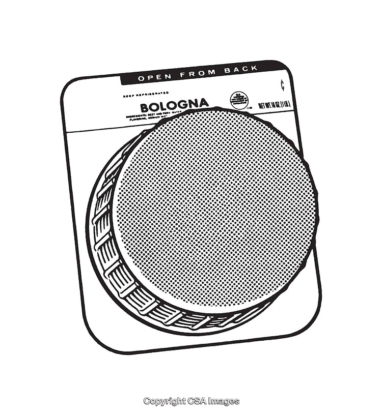 Black and White Line Art Illustration of Packaged Sliced Bologna
