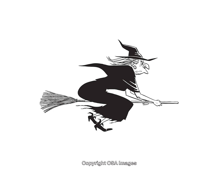 Black and White Line Art of a Witch on a Broomstick