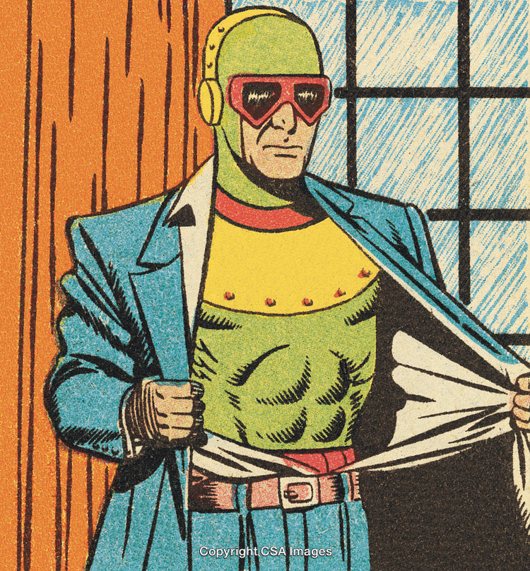 Retro Superhero Unveiling Costume in Comic Book Art Style