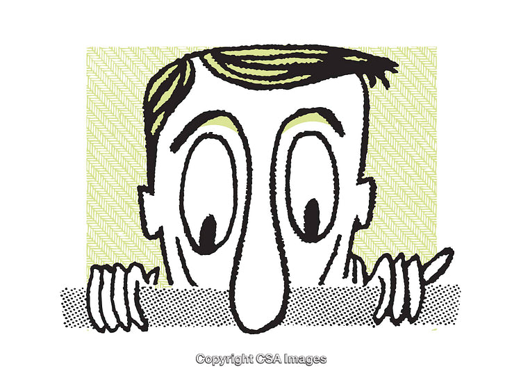 Cartoon Illustration of Curious Man Peeking Over a Ledge