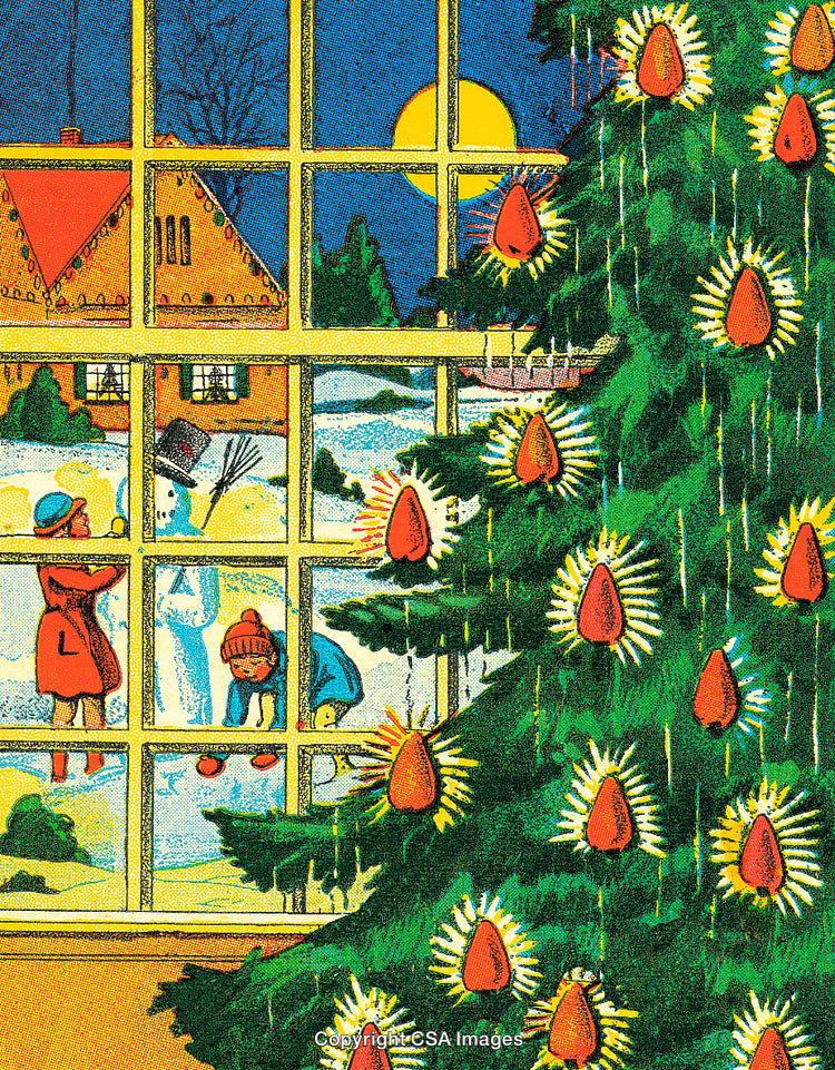 Decorated Christmas Tree Indoors With Snowy Outdoor Scene Visible Through Window