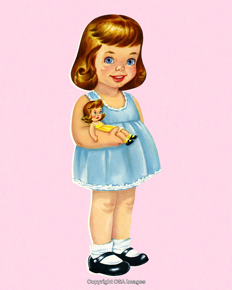 Vintage Illustration of Girl Holding Doll in Blue Dress on Pink Background