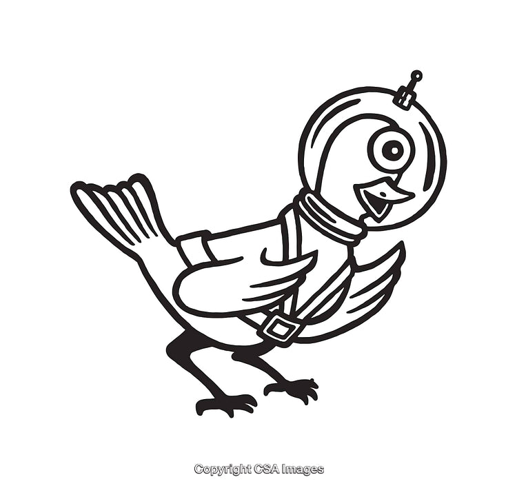 Illustration of a Bird Wearing a Space Helmet in Black and White Line Art