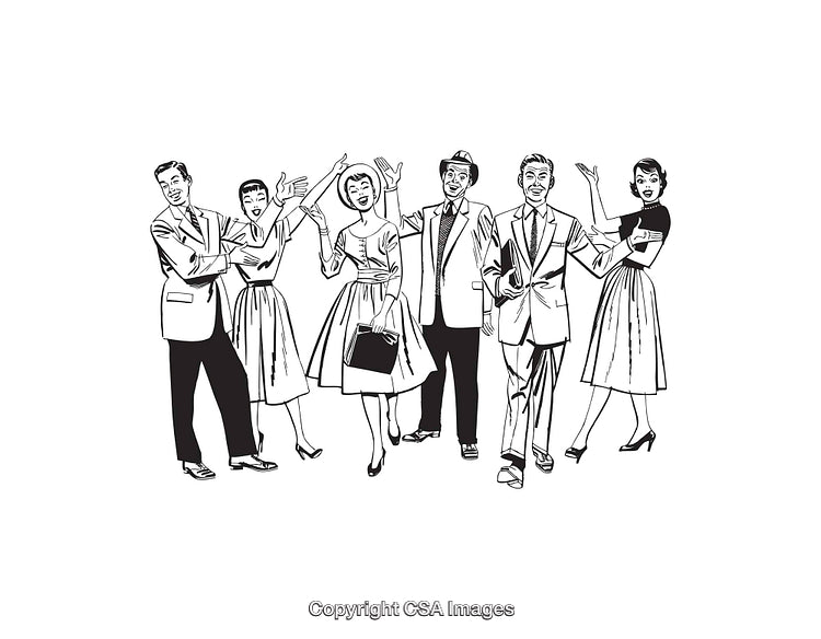 Group of Stylish Friends in Retro 1950s Line Art Illustration