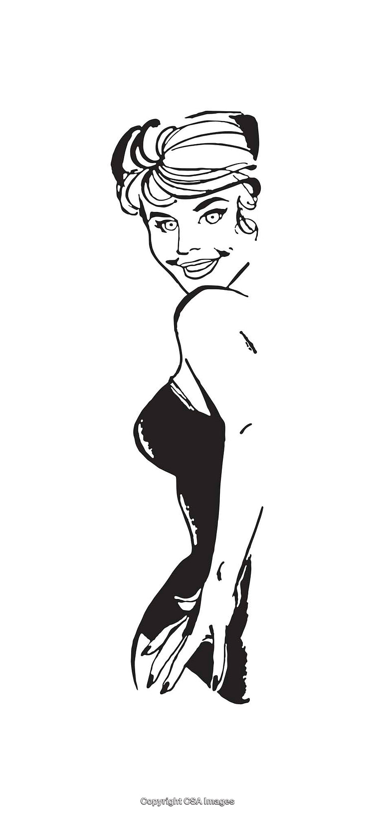 Black and White Line Art Illustration of a Smiling Woman in Profile Pose