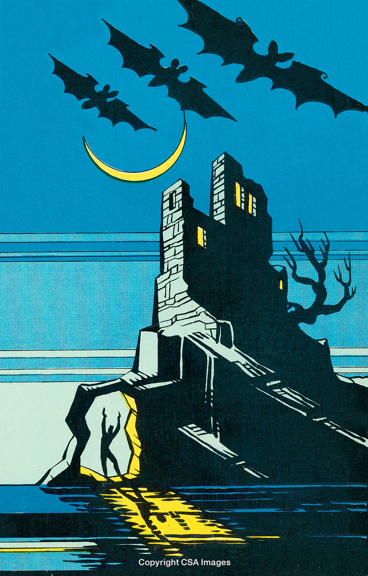 Haunted Castle on Hill Under Moon With Flying Bats in Night Scene