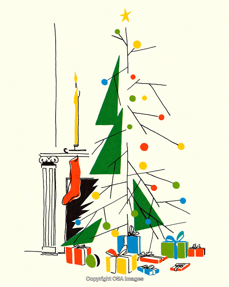 Festive Christmas Tree with Decorations and Presents in Vintage Illustration Style