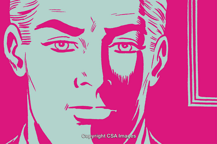 Pop Art Illustration of a Male Face in Cyan and Magenta Tones