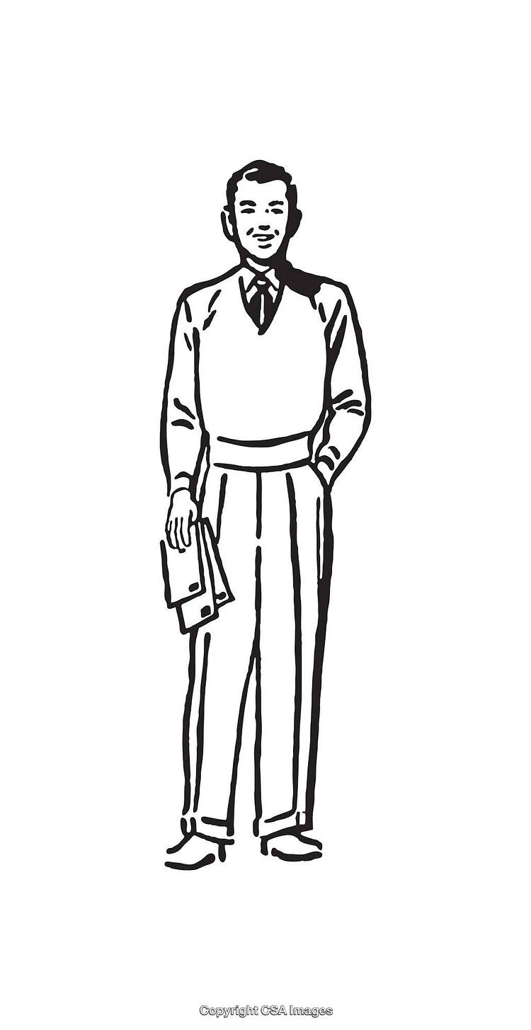 Black And White Illustration of a Man Holding Folders in Formal Attire