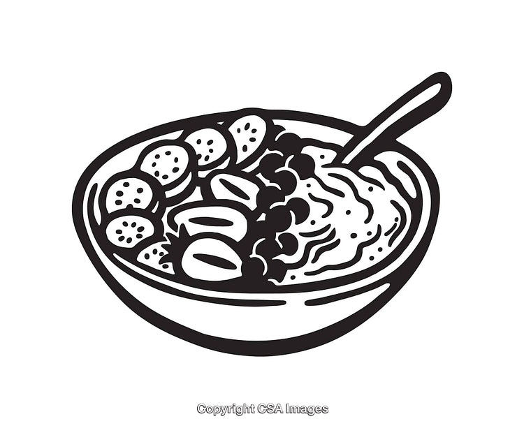 Black and White Line Art of a Fruit and Grain Bowl