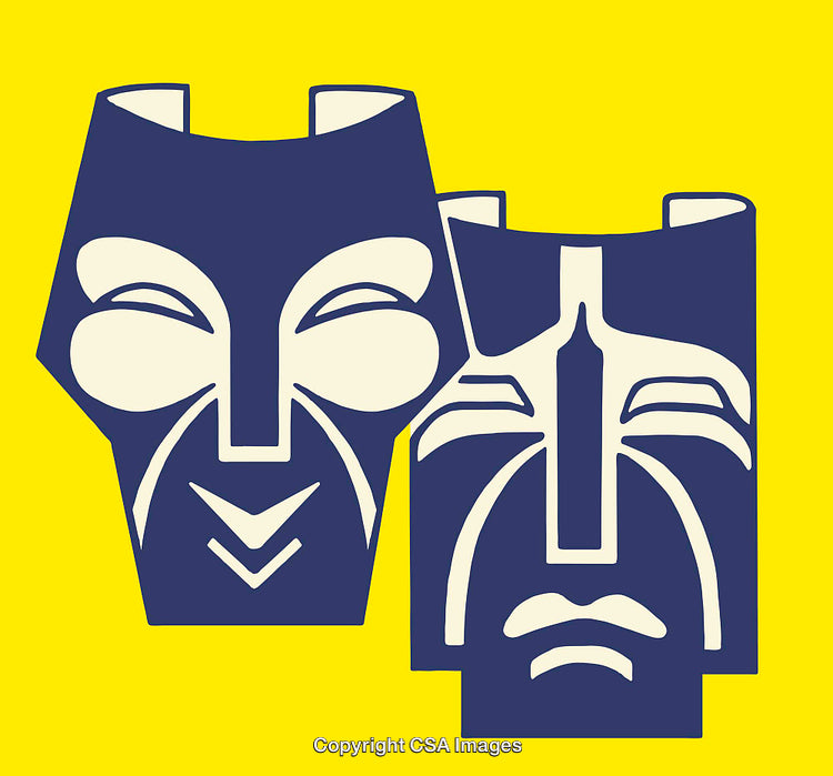 Blue Theater Masks Illustration on Bright Yellow Background