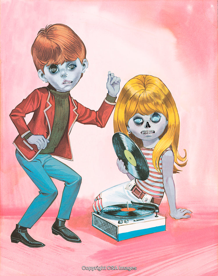 Whimsical Illustration of Retro-Styled Characters Playing Vinyl Records