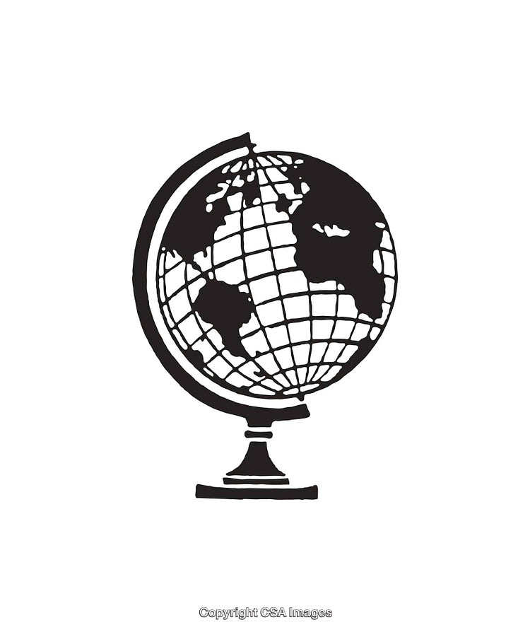 Black and White Hand-Drawn Illustration of a Rotating Globe on Stand