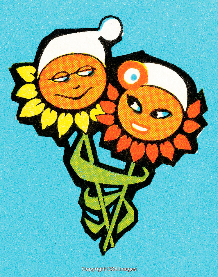 Whimsical Sunflower Design with Playful Expressions on a Bright Background