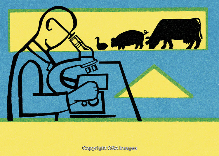 Scientist Using Microscope with Animal Silhouettes in Laboratory Setting