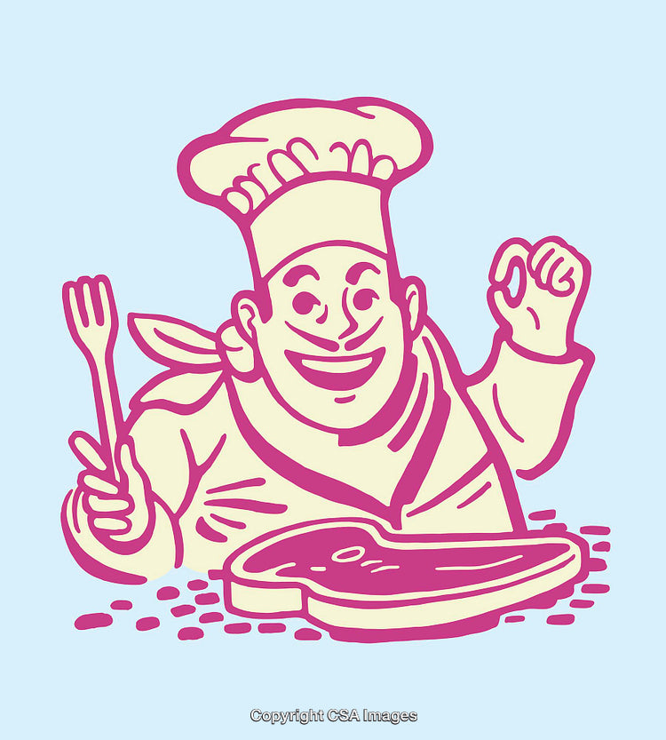 Cartoon Chef Smiling With Steak and Utensil in Color Line Art Style