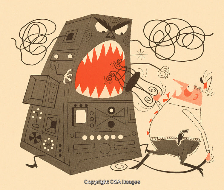 Retro Illustration of Man Confronting Angry Mechanized Monster with Wires