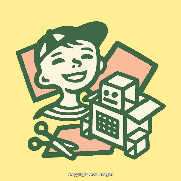 Child Smiling with Handmade Robot and Crafting Supplies in Colorful Line Art