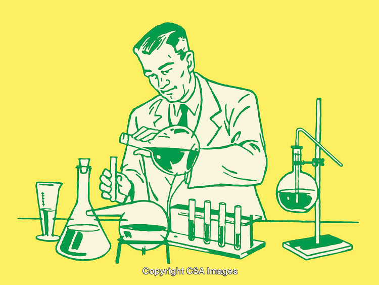 Retro Style Line Art Illustration of a Scientist in a Laboratory Setting